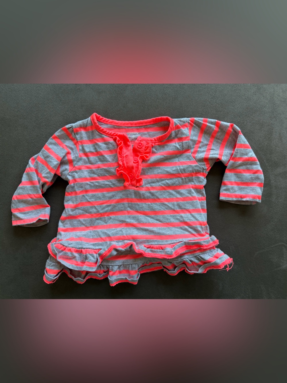Carters Girls Long Sleeve Gray and Coral Stripe Ruffle Tee